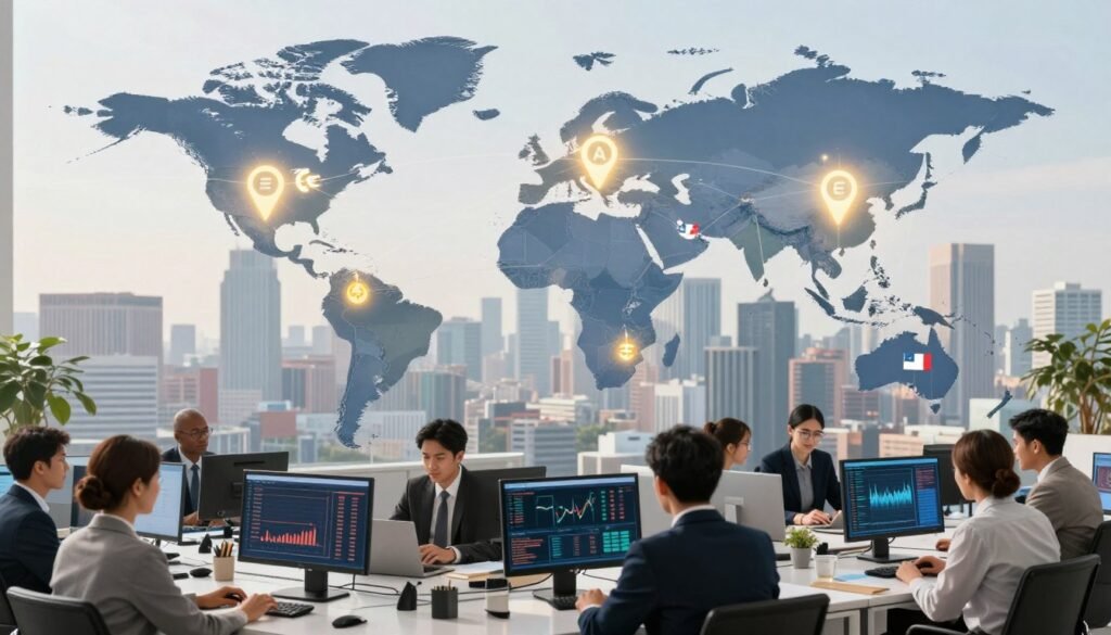 A global map showcasing JustMarkets' presence around the world, with glowing locations pinpointing major offices and regions, conveying a dynamic and connected atmosphere. In the foreground, a modern office space filled with diverse professionals in business attire, discussing and collaborating over financial charts on screens. The middle layer features flags representing various countries alongside currency symbols, highlighting international reach and trading diversity. The background displays a sleek skyline of a major financial city, bathed in soft daylight, giving a sense of optimism and innovation. The lighting should be bright and uplifting, emphasizing the global nature and professional spirit of JustMarkets, captured from a slightly elevated angle to provide depth and perspective.