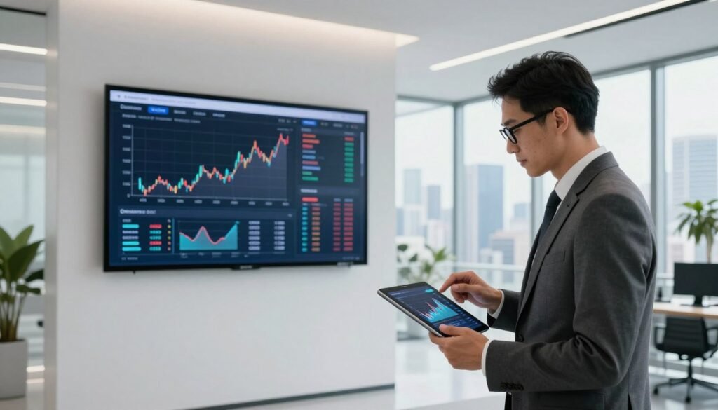 A modern financial office environment with a sleek, minimalist design. In the foreground, a professional-looking business consultant wearing a tailored suit and glasses analyzes graphs on a digital tablet. In the middle ground, a large wall screen displays charts and data related to trading services, with a focus on Dooprime, set against a backdrop of a panoramic city view through large windows, showcasing a bustling urban skyline. The lighting is bright and natural, illuminating the space with a sense of optimism and clarity. The atmosphere is dynamic and focused, reflecting the energy of a professional trading environment, accentuated by subtle reflections on glass surfaces and hints of greenery from indoor plants to enhance a fresh, inspiring vibe. A modern financial office environment with a sleek, minimalist design. In the foreground, a professional-looking business consultant wearing a tailored suit and glasses analyzes graphs on a digital tablet. In the middle ground, a large wall screen displays charts and data related to trading services, with a focus on Dooprime, set against a backdrop of a panoramic city view through large windows, showcasing a bustling urban skyline. The lighting is bright and natural, illuminating the space with a sense of optimism and clarity. The atmosphere is dynamic and focused, reflecting the energy of a professional trading environment, accentuated by subtle reflections on glass surfaces and hints of greenery from indoor plants to enhance a fresh, inspiring vibe.