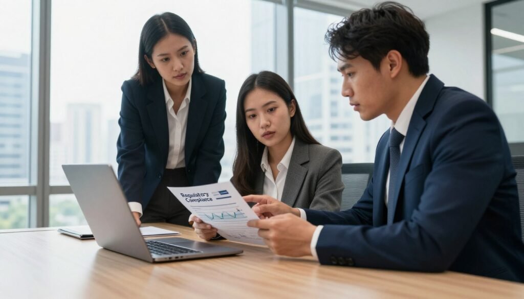 A modern office setting dedicated to financial regulation and safety, featuring a sleek wooden desk in the foreground with a laptop open displaying financial charts. In the middle ground, a group of three diverse professionals in business attire (a man and two women) are engaged in a serious discussion, pointing at a document titled “Regulatory Compliance” laying on the desk. The background showcases large windows revealing a cityscape, with soft, natural light flooding the scene, accentuating a sense of trust and professionalism. The mood is focused and serious, reflecting the importance of regulation in the finance sector. The composition captures a slight upward angle to emphasize the authority and reliability of the setting. A modern office setting dedicated to financial regulation and safety, featuring a sleek wooden desk in the foreground with a laptop open displaying financial charts. In the middle ground, a group of three diverse professionals in business attire (a man and two women) are engaged in a serious discussion, pointing at a document titled “Regulatory Compliance” laying on the desk. The background showcases large windows revealing a cityscape, with soft, natural light flooding the scene, accentuating a sense of trust and professionalism. The mood is focused and serious, reflecting the importance of regulation in the finance sector. The composition captures a slight upward angle to emphasize the authority and reliability of the setting.