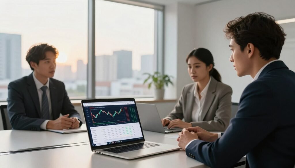 A modern office setting featuring a diverse group of three professionals in business attire discussing Forex trading strategies around a sleek conference table. In the foreground, a laptop displays the Exness trading platform interface, showcasing real-time currency charts and analytics. The middle ground includes a large window revealing a city skyline bathed in warm, natural light, creating an inviting atmosphere. The background is filled with minimalistic decor, adding a touch of sophistication. Use soft focus on the professionals while ensuring the laptop screen is clearly visible. The scene conveys a mood of collaboration and professionalism, emphasizing the theme of financial growth and trading. The lighting is bright yet warm, enhancing the welcoming environment. A modern office setting featuring a diverse group of three professionals in business attire discussing Forex trading strategies around a sleek conference table. In the foreground, a laptop displays the Exness trading platform interface, showcasing real-time currency charts and analytics. The middle ground includes a large window revealing a city skyline bathed in warm, natural light, creating an inviting atmosphere. The background is filled with minimalistic decor, adding a touch of sophistication. Use soft focus on the professionals while ensuring the laptop screen is clearly visible. The scene conveys a mood of collaboration and professionalism, emphasizing the theme of financial growth and trading. The lighting is bright yet warm, enhancing the welcoming environment.