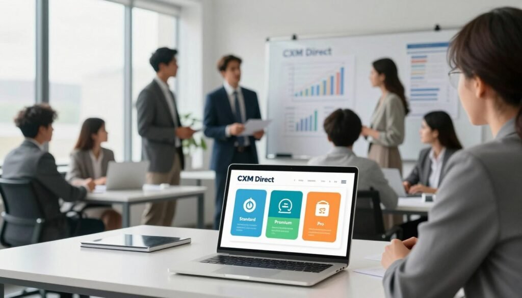 A modern, professional office environment depicting different account types offered by CXM Direct. In the foreground, a sleek desk with a laptop open to a colorful infographic showcasing account types like "Standard," "Premium," and "Pro," each represented by distinct icons and symbols. In the middle, a group of diverse professionals in business attire are discussing financial strategies, with a large whiteboard filled with graphs and account requirements in the background. Soft, natural lighting filters in through tall office windows, creating a bright and inviting atmosphere. The scene captures a sense of collaboration and financial insight, emphasizing the importance of understanding account types in the brokerage context.