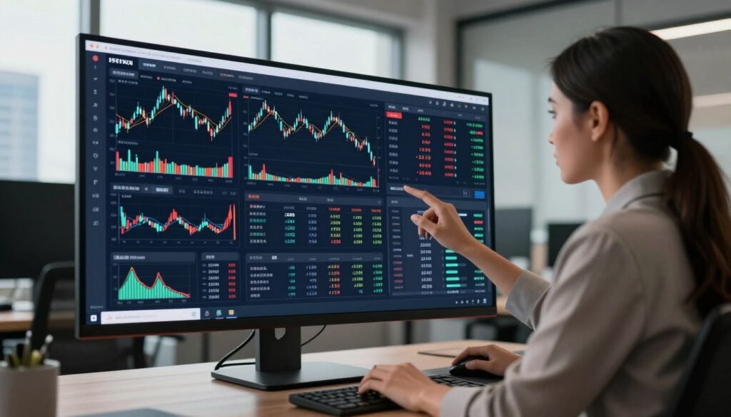 A modern trading platform interface displayed on a sleek, ultra-wide monitor in a contemporary office setting. In the foreground, a professional businesswoman, dressed in smart casual attire, is actively analyzing real-time charts and data on the screen. The middle layer showcases detailed candlestick charts, various financial indicators, and a portfolio overview, all illuminated by soft, focused lighting. The background features a stylish office environment with large windows allowing natural light to filter in, creating a vibrant and dynamic atmosphere. Subtle reflections of city skyscrapers can be seen outside. The mood conveys professionalism, focus, and the cutting-edge nature of trading technology. The angle captures the interaction of the trader with the platform, emphasizing engagement with digital tools. A modern trading platform interface displayed on a sleek, ultra-wide monitor in a contemporary office setting. In the foreground, a professional businesswoman, dressed in smart casual attire, is actively analyzing real-time charts and data on the screen. The middle layer showcases detailed candlestick charts, various financial indicators, and a portfolio overview, all illuminated by soft, focused lighting. The background features a stylish office environment with large windows allowing natural light to filter in, creating a vibrant and dynamic atmosphere. Subtle reflections of city skyscrapers can be seen outside. The mood conveys professionalism, focus, and the cutting-edge nature of trading technology. The angle captures the interaction of the trader with the platform, emphasizing engagement with digital tools.