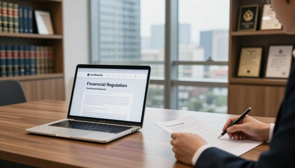 A professional office setting illustrating the concept of financial regulation and safety measures. In the foreground, a polished wooden desk with a modern laptop open, displaying the JustMarkets website. A pair of hands in business attire is reviewing documents, symbolizing due diligence and compliance. In the middle, a large glass window offers a view of a bustling cityscape, signifying the dynamic financial market environment. The background features shelves filled with legal books and certification plaques, emphasizing trust and security. Soft, natural lighting streams in through the window, creating a calm and professional atmosphere. The overall mood should convey reliability and professionalism, with a focus on safety in the financial trading landscape.