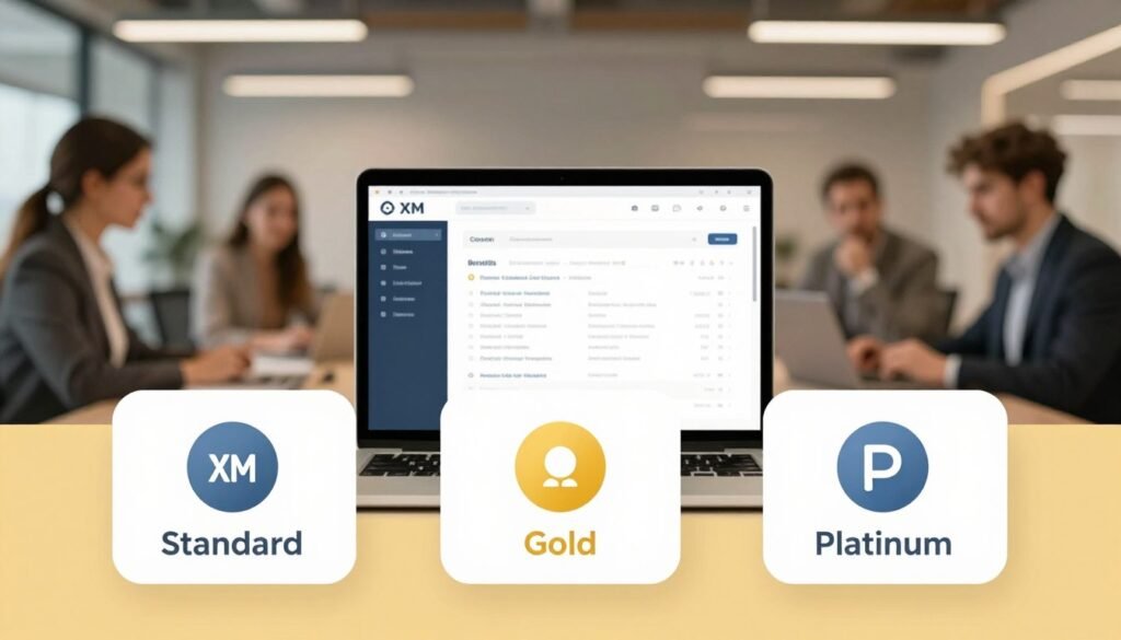 A visually striking and informative illustration depicting various XM account types, with a clear layout to facilitate understanding. In the foreground, design three distinct types of accounts represented by elegant icons or symbols: Standard, Gold, and Platinum, each icon labeled subtly for clarity but without text. The middle ground should feature a sleek digital device, like a tablet or laptop, displaying a user-friendly interface showcasing account benefits and features. In the background, a modern office setting with soft, ambient lighting creates a professional atmosphere, with blurred outlines of people in business attire collaborating or discussing in a subtle way, emphasizing a productive environment. The overall mood should be one of professionalism and clarity, inviting the viewer to engage with the content. Use a warm color palette to evoke a sense of trust and expertise.
